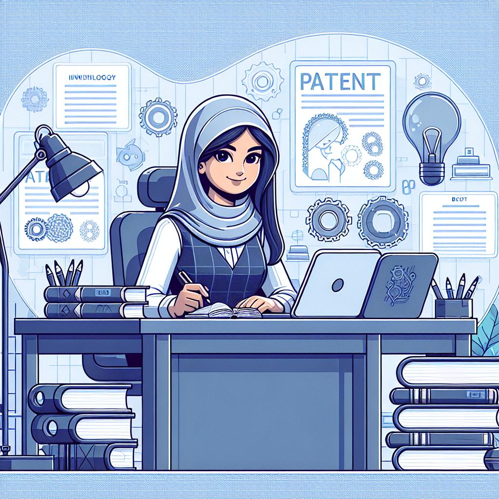 Create a 2D linear, flat, and corporate-style vector image on a plain white background. The scene is set in a professional environment, featuring a Middle-Eastern female patent engineer at her workspace. She is surrounded by books and a laptop - symbolizing the engagement of technology with the process of innovation and the debut inventors' thirst for knowledge about patenting process. The desk underlines the effort taken to develop fresh ideas and emphasizes a studious and scholastic atmosphere.