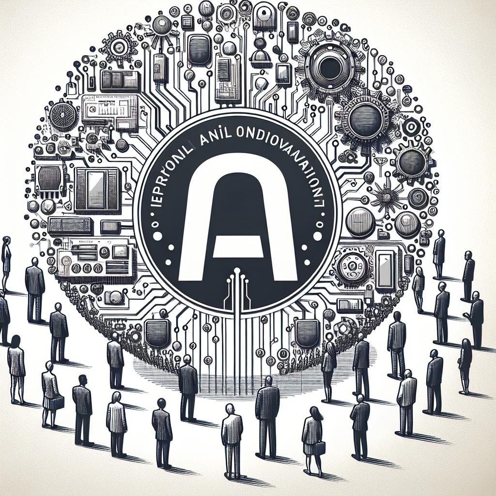 Create a 2D, vectorial art styled image in the corporate theme. The perspective should be linear on a textureless white background. The showcase of this illustration is the OpenAI logo, symbolising technological advancement. Surround the logo with elements of innovation such as intricately designed electrical circuits and mechanical gears. Using a balanced representation of people from different descents - Caucasian, Hispanic, Black, Middle-Eastern, and South Asian, have them interact with various technological devices projected from the circuits. The overall image should communicate the blending of technology and human progress.