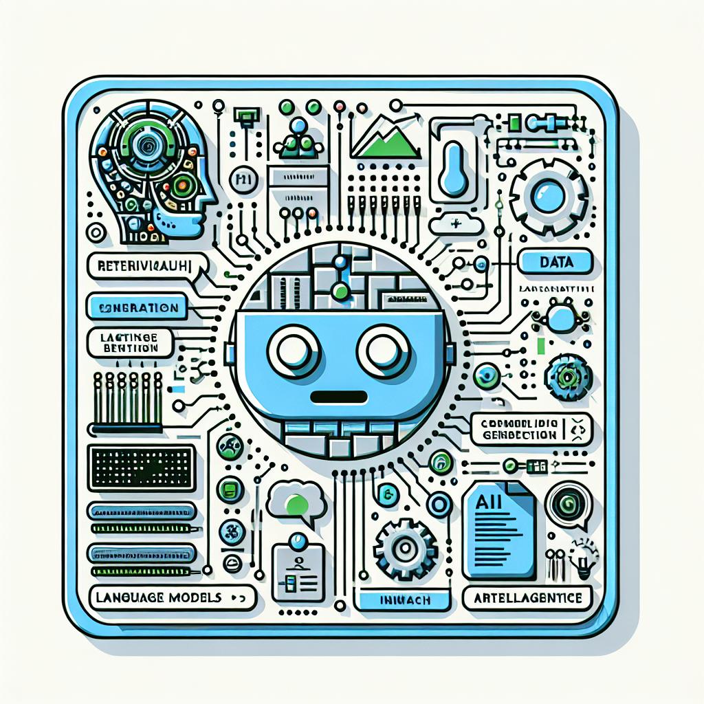 Create an image in a 2D, vectorial, flat, corporate style. The image should represent the construction of a Retrieval-Augmented Generation (RAG) system using elements of data, language models, and chatbot interactions on a white, texture-less background. The umage should have technological elements, such as circuits and programming codes which symbolize the technology involved and represent the practical aspect of implementation. Also, include icons of AI to represent artificial intelligence. Illustrate a chatbot interaction on a screen. The image should primarily use shades of blue and green, colors associated with technology and innovation.