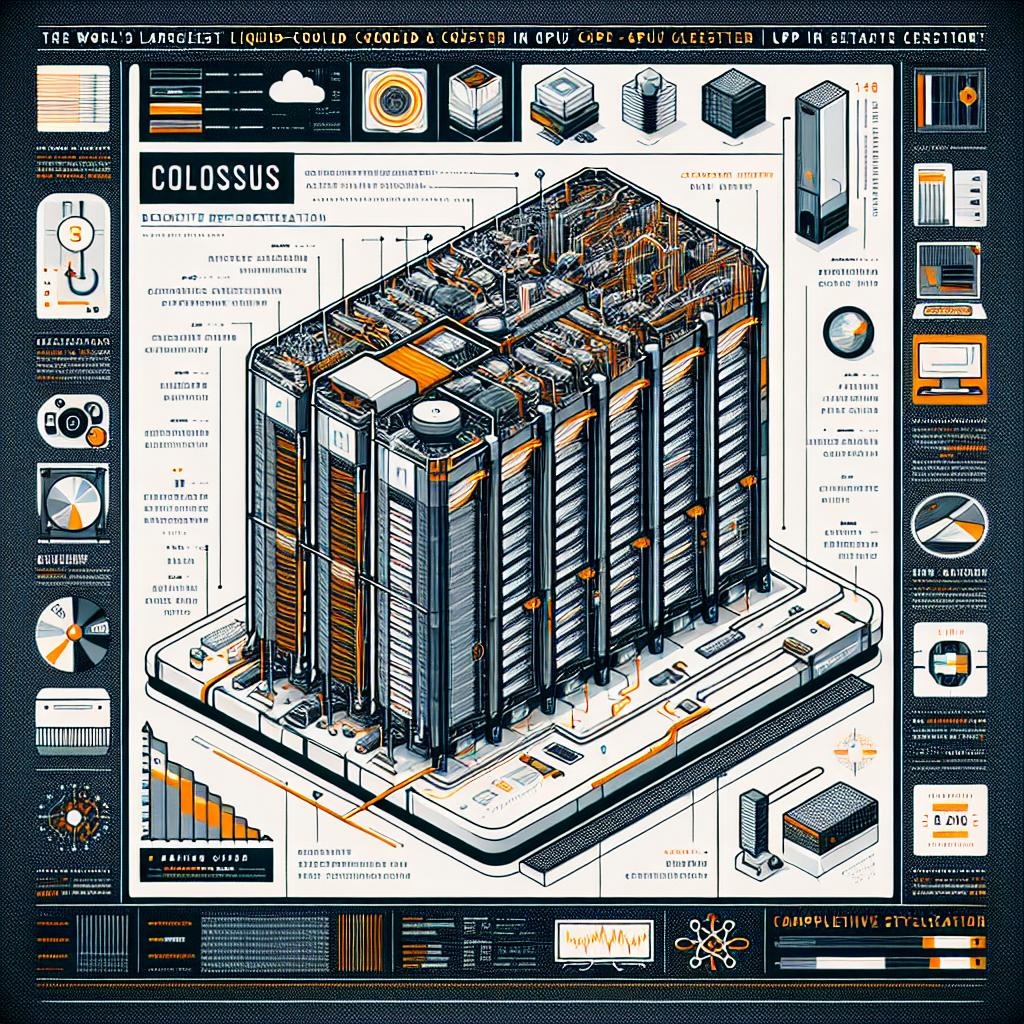 Create a 2D, linear representation of the world's largest liquid-cooled GPU cluster known as Colossus. The supercomputer's digital representation emphasizes its internal architecture and cooling systems. The computer was quite a spectacular creation, built as a partnership between a renowned server manufacturer and a reputed graphics processing unit manufacturer. Constructed in a record 122 days in Memphis, TN, the supercomputer was created with a focus on training an advanced chatbot. Emphasize elements like the innovative server design for optimized thermal efficiency, graphics indicating performance data to highlight computational power, intricate electrical circuits demonstrating the complexity of infrastructure, and the inclusion of the logos of key tech partners involved in the project. The default comprehensive stylization should be vector, flat, and corporate-style against a plain white, textureless background.