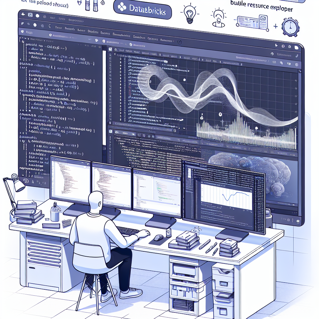 Illustrate an image in a 2D, linear perspective showing a developer working on a modern software development environment. The developer is using the Databricks extension on Visual Studio Code. The visual is divided to display both the editor's interface and the new Bundle Resource Explorer feature, integrally designed in a vectorial, corporate, and flat art style over a white and textureless background. Additionally, depict python code exemplifying programming on the platform and performance graphs illustrating the efficiency of the new feature. Finally, include Databricks brand icons to reinforce the brand's identity.