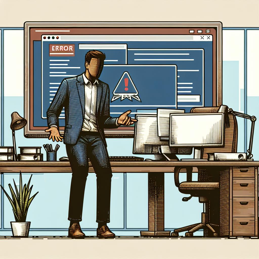 Create a 2D, linear perspective, flat corporate style graphic illustration on a texture-less white background. The image includes an office environment serving as the context for everyday use. In this setting, depict an unidentified user displaying visible signs of frustration in front of a computer, which symbolizes the platform where an application error occurs. Integrate visible error messages on the computer screen encapsulating the technical problem at hand.