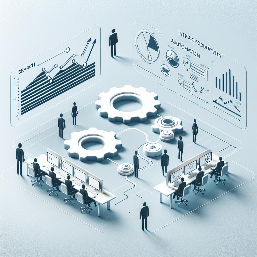 Create a 2D, vector style image with a clean, white background. The image is corporative and shows a modern office environment suggestive of innovation and technology. In the center of this environment, depict two distinct yet interacting icons. One is a search icon, representing the efficient search capacity; the other is an automation icon, symbolizing automatic action. Behind these interacting icons, include productivity graphs to highlight the positive impact of integrating search and automation. The overall image should visually portray the idea of an integrated copilot in a business setting.
