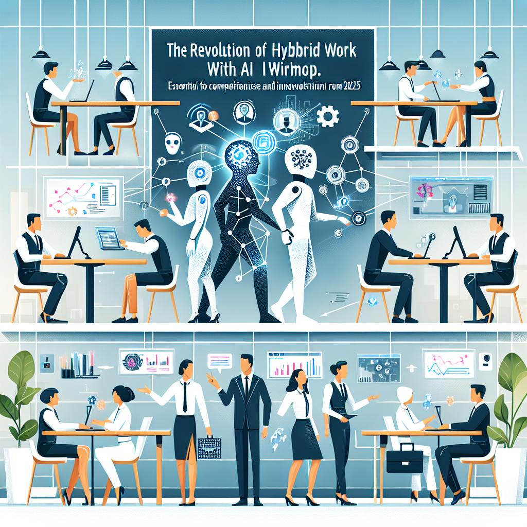 Title: The Revolution of Hybrid Work with AI. The rise of AI workmates is redefining the professional landscape where humans and AI agents will collaborate as a hybrid workforce, essential for competitiveness and innovation in organizations from 2025. A graphic representation that illustrates the interaction between humans and AI agents in the modern work environment, showcasing how both collaborate on tasks and projects. The style is vector-based, flat, and corporate. The image background is white and texture-free. The perspective is 2D and linear. Additional elements include humans of diverse descents and genders and machines collaboratively working in a modern office, interaction with technology such as screens, performance graphics, and AI representations, a dynamic environment symbolizing an active, innovative workplace, and visual connections using lines or arrows to symbolize collaboration between humans and machines.
