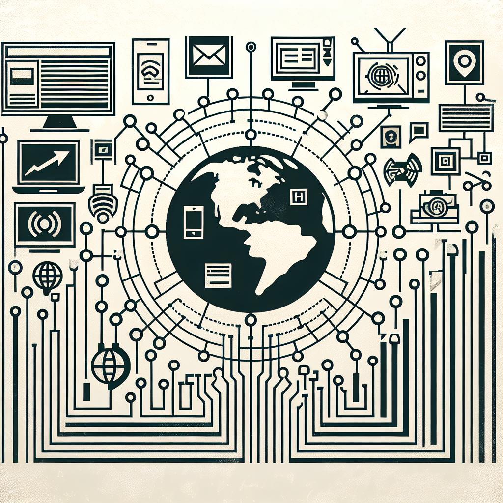 Create an image in a flat, vector, corporate style, depicting the interconnection between media institutions and digital platforms. Set against an textureless white background with 2D, linear perspective. Essential elements include various news icons representing the diversity of outlets joining the program, digital circuit patterns to symbolize the technology powering the program, a depiction of the Earth demonstrating the global spread of the initiative, and a growth graph indicating the potential expansion of the program.