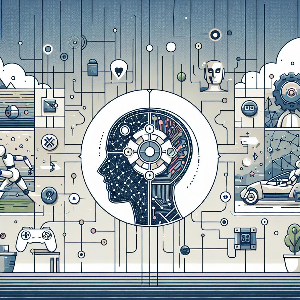 A corporate-styled, flat and vectorized image in a 2D, linear perspective. The setting is on a smooth, white, and untextured background. It captures the integration of artificial intelligence tools in game development, illustrating visual, sonic, and interactive elements. The background portrays a combination of 2D and 3D gaming scenes, illustrating the diversity of games that can be conceived. Icons symbolizing the AI tools mentioned are included, indicating the range of alternatives at disposal. Moreover, visual cues or animations are displayed to highlight the interaction between different AI tools, demonstrating their cohesive operation.