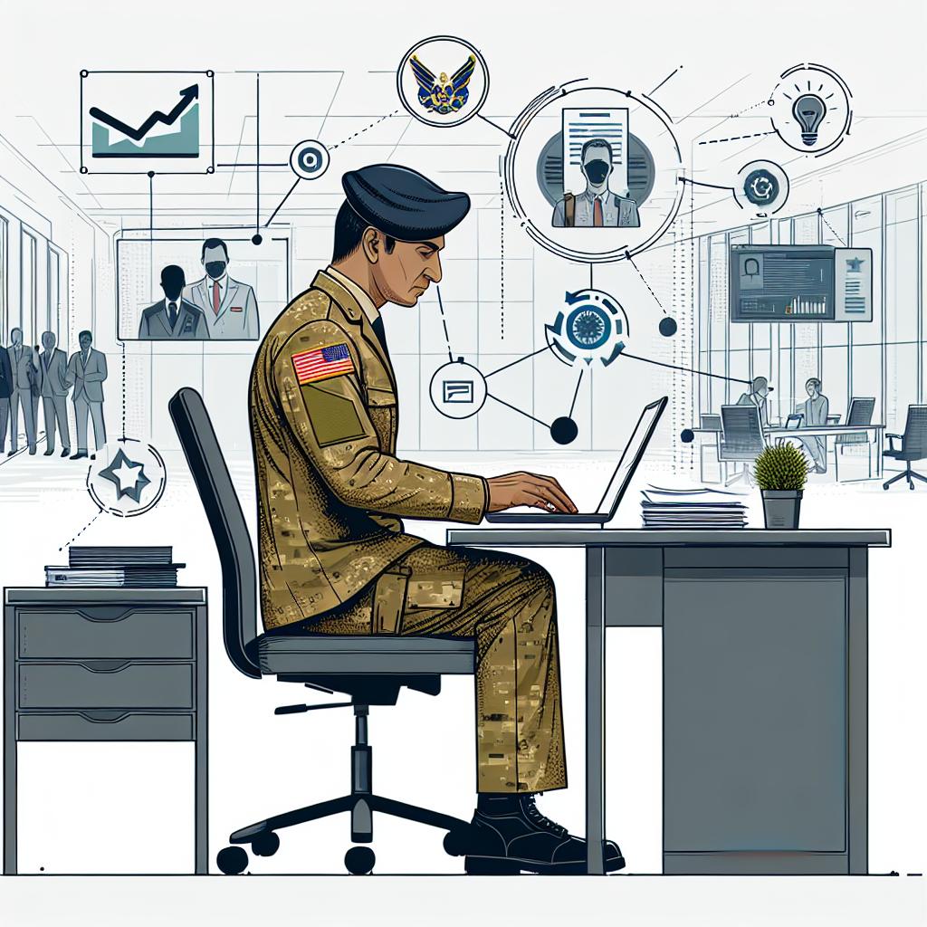 Create a 2D, vector-style corporate image that depicts the significant transition veterans face from the battlefield to a corporate environment. On a white, textureless background, illustrate a South Asian veteran dressed in military uniform, signifying his prior experience. The veteran is using a laptop and looking at documents, symbolizing his entrance into the civilian job market. Modern office surroundings further emphasize the civilian work environment. Integrate technology icons throughout the scene to underscore the use of innovative AI tools. All elements should be rendered in a flat design aesthetic.