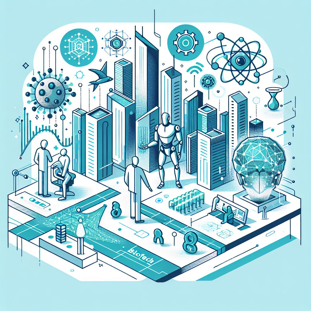 Create a futuristic, vectorial and corporate illustration in a flat style on a plain white background with a 2D, linear perspective. The scene is set in a modern city symbolizing technological advancement, which includes elements of biotech alongside quantum computing symbols. The key figure is a robot interacting with humans - denoting the emergence of 'living intelligence'. The robot represents this new era of systems that sense and learn. The colour scheme should heavily lean into blues and greens, which signifies innovation and sustainability. Please avoid specific references to industry experts or specific events.