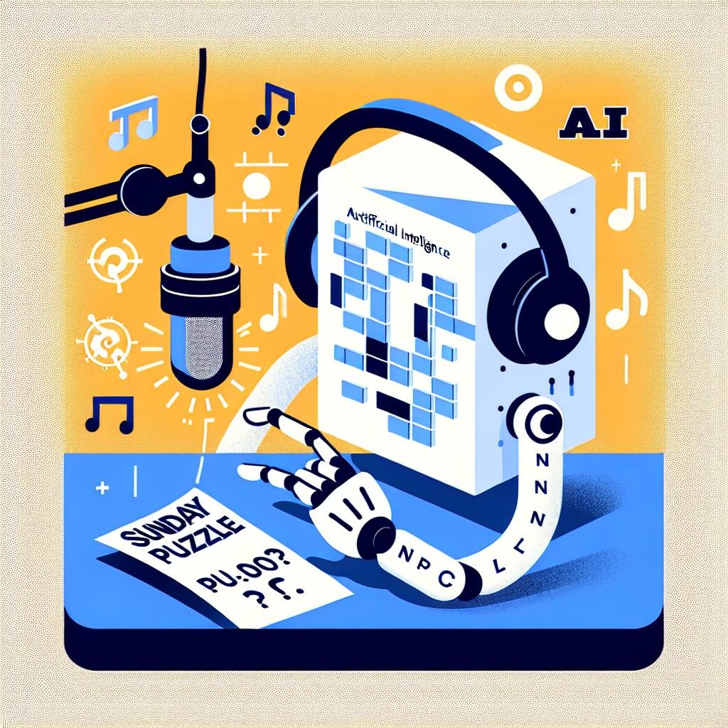 Create a 2D, vector-style and flat corporate artwork on a texture-less white background. In this image, conceptualize a depiction of an artificial intelligence model, represented as advanced technology symbol. This AI is interacting with a question from 'Sunday Puzzle', which signifies its pursuit for the solution and the challenges it faces. To create a relaxed ambiance, incorporate elements associated with a radio show like a microphone and musical notes. The overall image should visually narrate the story of AI researchers from various institutions like Wellesley College and Northeastern University testing reasoning models of AI using NPR 'Sunday Puzzle' questions.