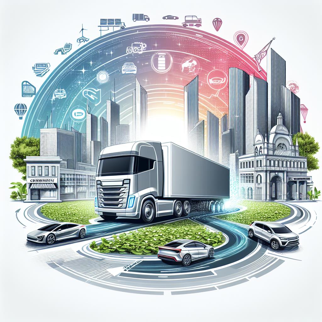 Create an image in a 2D, linear perspective depicting a futuristic automotive scene. In the center, visualize a robust hybrid truck in movement against a modern urban backdrop, symbolizing innovation and progress. The truck, although not specified for brand or exact model, embodies an innovative blend of electric efficiency and raw power. Around this cityscape, include elements of nature that underscore sustainability as a central theme. Also incorporate bright, vibrant colors to convey the ideas of innovation and technology. In the surrounding, subtly show some car brand logos, suggesting market competition. The image should be vector-style and corporate, with a white and untextured background.