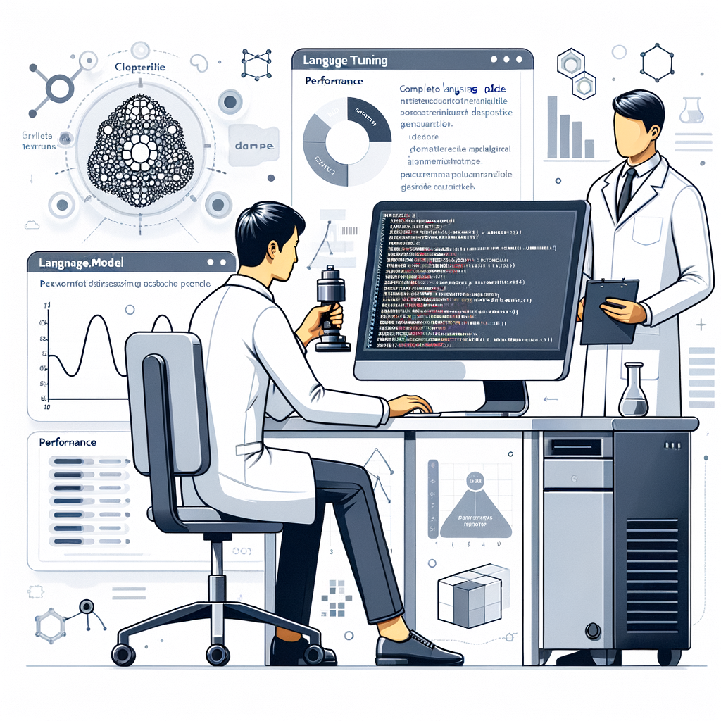 The image illustrates an Asian Data Scientist, who is adapting a language model on a computer in a 2D, clean, corporate and flat vector style. He is actively tuning the model in a lab-like environment, symbolizing a scientific and technical context on a white, untextured background. The computer visibly presents code, representing the fine-tuning process. Accompanying his work are performance charts showing the model's improvement, and data in the backdrop, highlighting the importance of effective dataset curation. This typifies the process of enhancing large language model performances with limited resources, using techniques like Complete Fine Tuning and Parameter-Efficient Fine Tuning.
