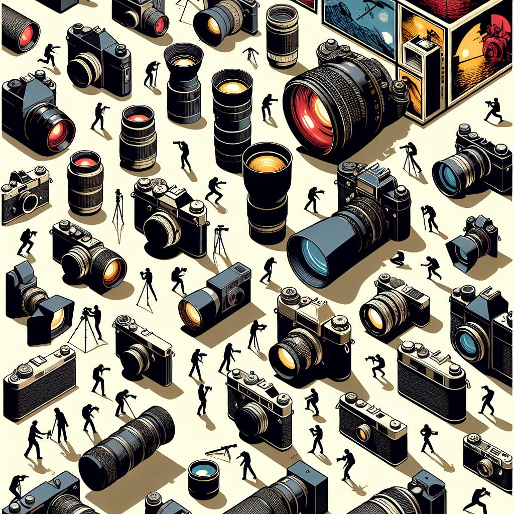A 2D, flat, vector-style visual representation of an article exploring camera angles in digital art created on Midjourney. The image is to be set on a white, untextured background. It should depict a variety of vintage cameras, each representing different perspectives used in image creation. To highlight the variety and creative application in Midjourney, these cameras should be aiming at various digital arts that showcase dramatic lighting and elements of nature, while also capturing figures in motion. This should create a collage effect, illustrating the dynamics within the composition.