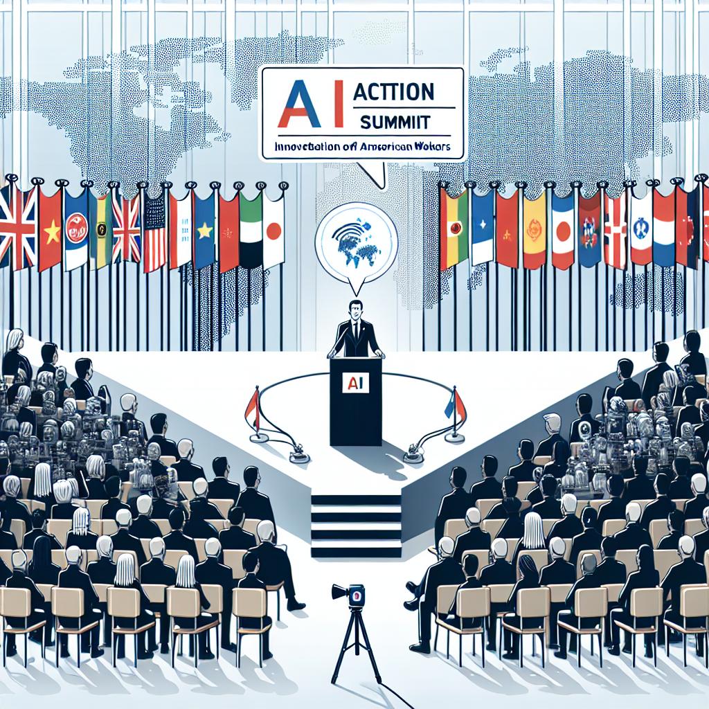 An image visualizing a politician echoing the policies of AI during the AI Action Summit in Paris, on February 11, 2025, emphasizing innovation and protection of American workers. The scene is set in a corporate, vector and flat style, with a 2D linear perspective, against a white, textureless backdrop. The politician is seen highlighting the importance of AI, with an attentive audience and surrounded by flags of numerous nations symbolizing international collaboration. Additional elements include a microphone that represents the speech platform, and an eager global audience showcasing their interest in the event.