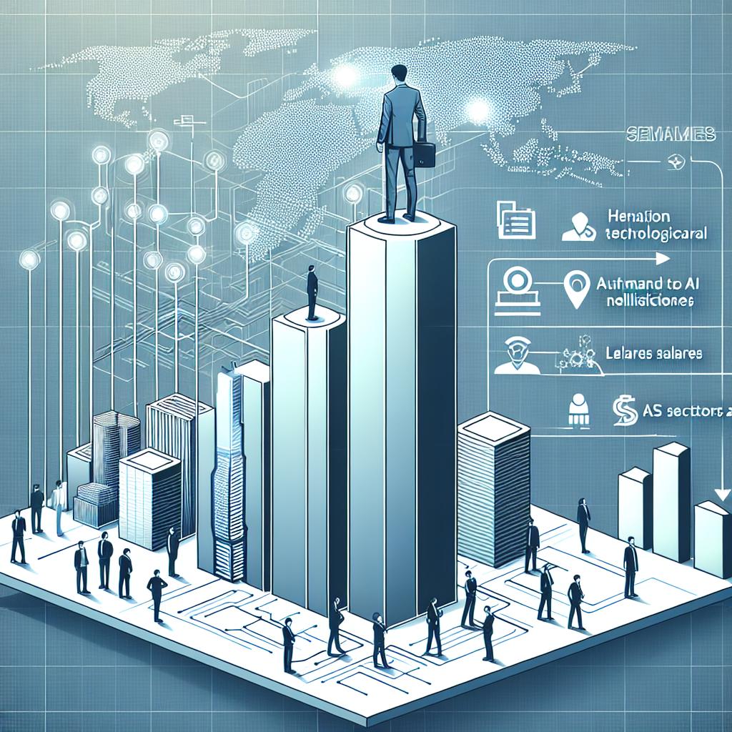 Create a 2D, linear perspective corporate-style vector image with a flat, untextured white background. The image narrates the growth of artificial intelligence in China, with technology giants offering large salaries to attract skilled professionals. Include a graph to illustrate the demand and salaries in this rapidly evolving market. Mark the major technological cities involved in this movement. Highlight the varying salary levels in the field. Also, depict the sectors that demand AI the most.