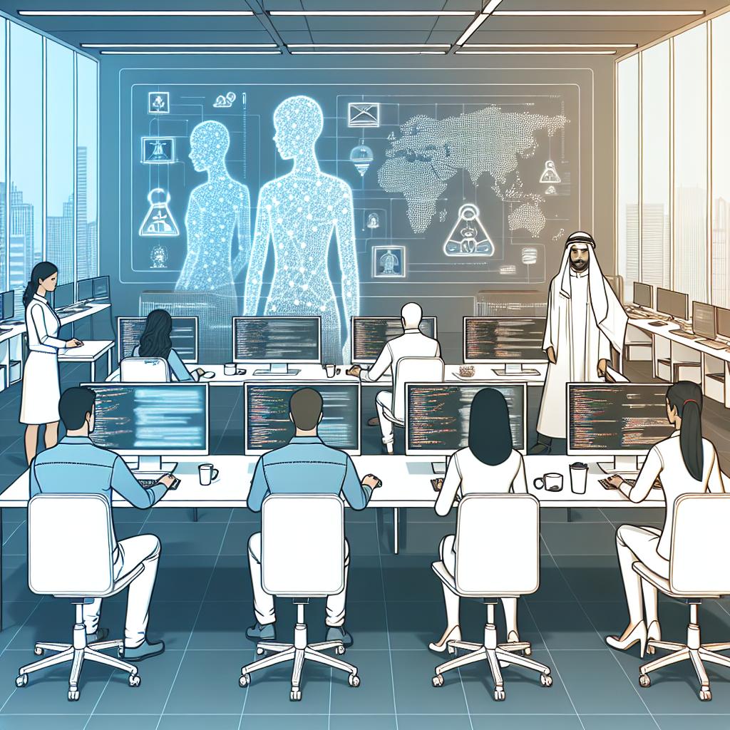 Visualize an image of a modern office scene where various programmers are working on their computers. They are using customized artificial intelligence tools that allow them to fine-tune their work based on internal repositories and knowledge bases. The office is clean, light-filled, with projected graphics and data on screens, representing the evolution in programming. Display a Middle Eastern female programmer, a Caucasian male programmer, and a Hispanic female programmer collaborating on a project. The office has a minimalist decoration, suggesting a focused and productive working space. The perspective is 2D and linear. It is designed in a corporate and flat vector style against a white and textureless background.