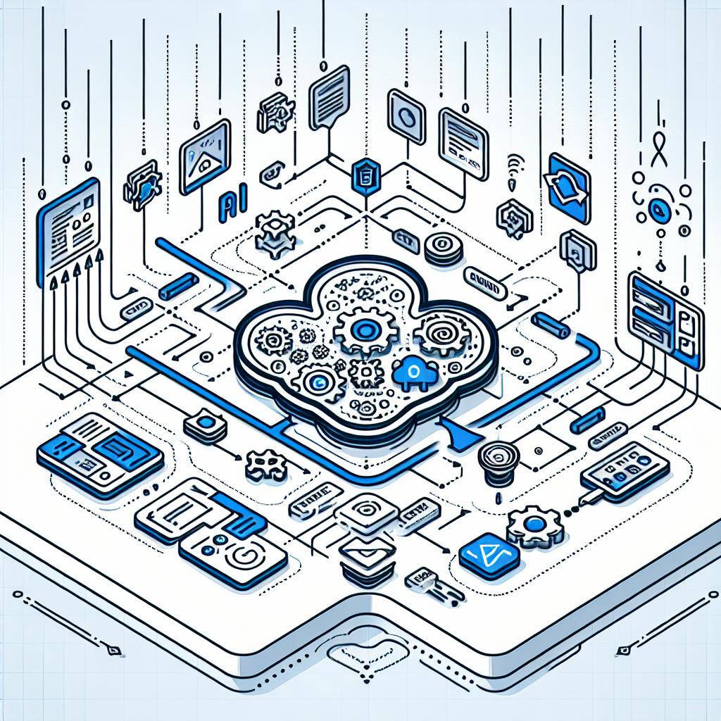 Create a flat, vector-style, corporate visual in a 2D linear perspective on a white, textureless background. The centerpiece of the image should be the visualization of the Unstructured Platform's new API. It should be depicted as connecting various data points in a dynamic and interactive flow. Include symbols or icons to depict programming aspects, suggesting automation and programmatic interaction. The flow of data should create an illustration of how the API integrates different sources and destinations. Intertwined paths should be present to symbolize source and destination connectors.