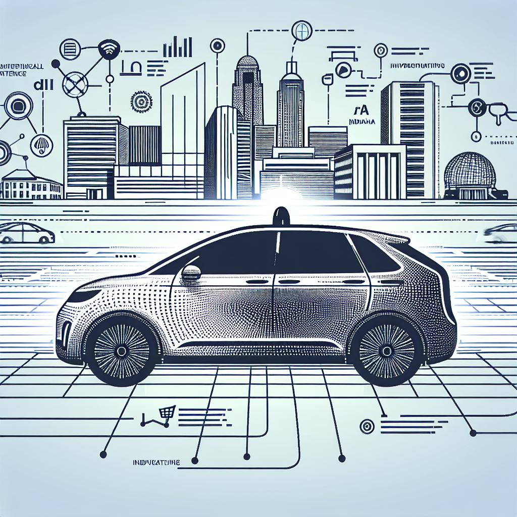 Ideally a vector-style design on a plain, white background with a 2D linear perspective, representing groundbreaking research from Purdue University in Indiana. Show a self-driving car driving in a futuristic cityscape. The interpretation of the car should symbolize revolutionary transportation innovations. Highlight the influence of artificial intelligence as floating data and graphics, embodying the analytical function of AI and how seamlessly it can integrate with autonomous vehicle communication, improving user experience and driving efficiency.