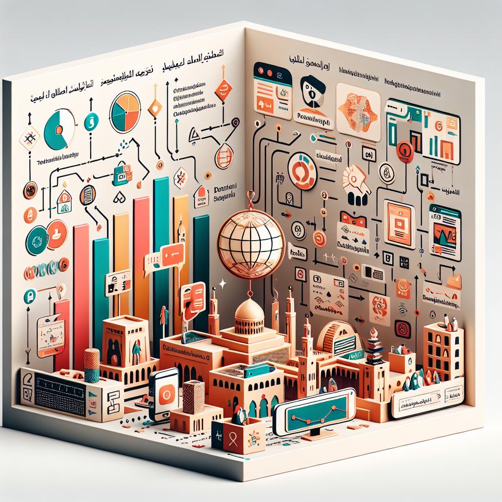 Create a 2D, vector-style image in a corporate style. The setting should be a textureless white background. Show a graphical representation highlighting the impact of the Fineweb 2 initiative on the preservation of Moroccan Arabic, known as Darija. This should funnel into an interconnected network symbolizing the union of technology and linguistic communities. Illustrate the evolution of Darija content in the form of rising bar graphs. Incorporate diverse community icons to represent the array of Darija speakers. Include maps signifying the geographical distribution of Darija-oriented websites. Lastly, ensure the overall image is infused with warm colors to evoke the vibrant Moroccan culture.