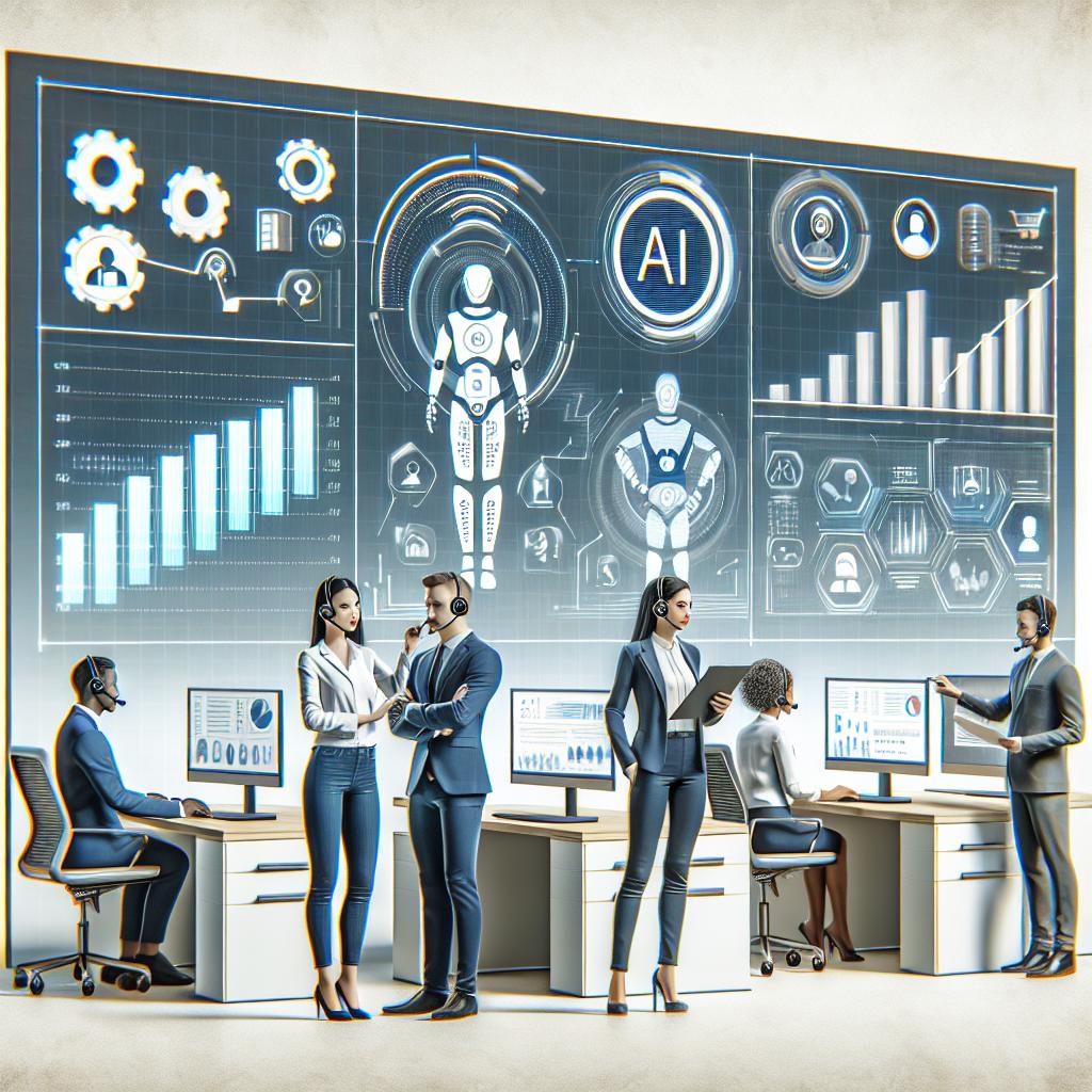 Create a 2D, flat, corporate style image on a white, textureless background representing Automated Quality Assurance driven by artificial intelligence in customer service. The scene should show a diverse team of customer service agents, including a South Asian woman, a Black man, a Hispanic woman, and a Middle-Eastern man, using AI technology to analyze real-time interactions. Their modern work environment reflects technological innovation. Additional elements to include are a screen displaying performance graphs to highlight real-time analysis, and symbols of AI representing artificial intelligence in service. The image should convey efficiency, consistency, and a focus on high-level feedback to improve the customer experience.