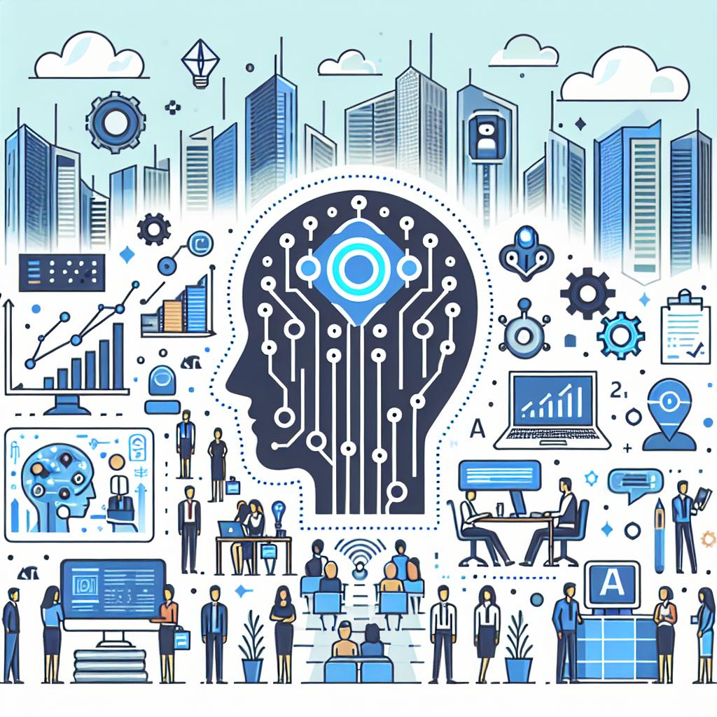 Create an image that represents the future of Artificial Intelligence (AI) in business by 2025. It should be a 2D vector graphic in a flat, corporate style with a plain white background, drawn from a linear perspective. The illustration should feature key elements such as data charts to symbolically represent the impact of AI, various AI icons to indicate the growing presence of the technology, and a modern office setting to symbolize the business environment. Please include people of assorted descents and genders interacting with technological devices to highlight the practical use of AI.