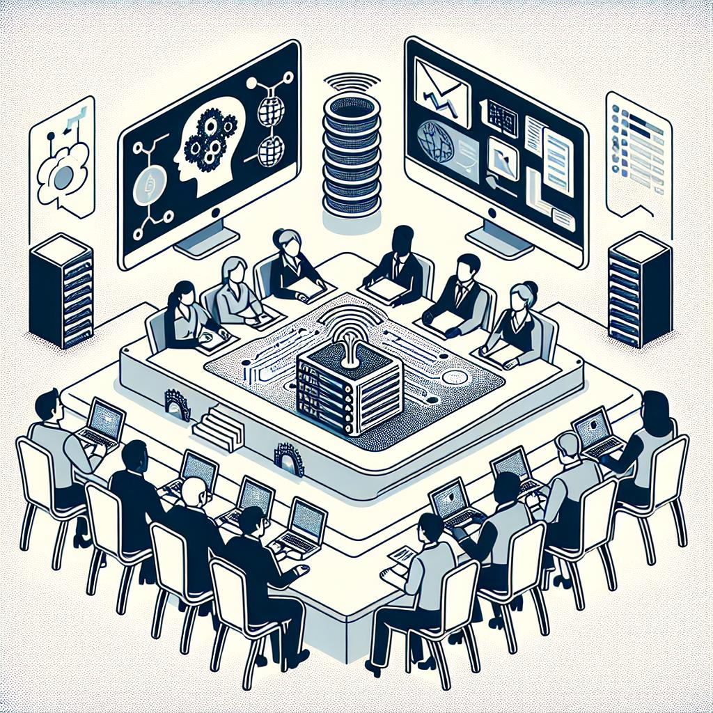 Create a flat, corporative and vectorial art style illustration representing the intersection of artificial intelligence technology and public governance. The picture has a white, textureless background, and in a 2D linear perspective. The image features a computer symbolizing AI technology, graphics that represent data analysis and outcomes, a server symbolizing data storage and processing, and a diverse group of people engaged in a policy discussion. The depicted people display a range of descents including Caucasian, Black, and South Asian, and are evenly represented in terms of gender.