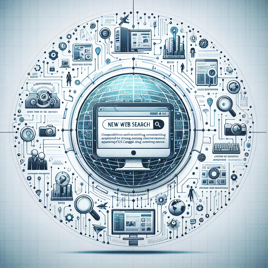 Create a 2D corporate-style, vector illustration on a white, texture-less background, depicting the innovative nature of ChatGPT. The central focus should be on ChatGPT, represented as a screen displaying real-time search results. The graphic should also include computer circuits to emphasize the strong link with technology. Surrounding ChatGPT, incorporate different accuracy-enhancing icons signifying news sources, blogs, and social media platforms accessed by ChatGPT. In the backdrop, devise a futuristic environment to symbolize innovation. Lastly, prominently feature the text 'New Web Search' within the image.