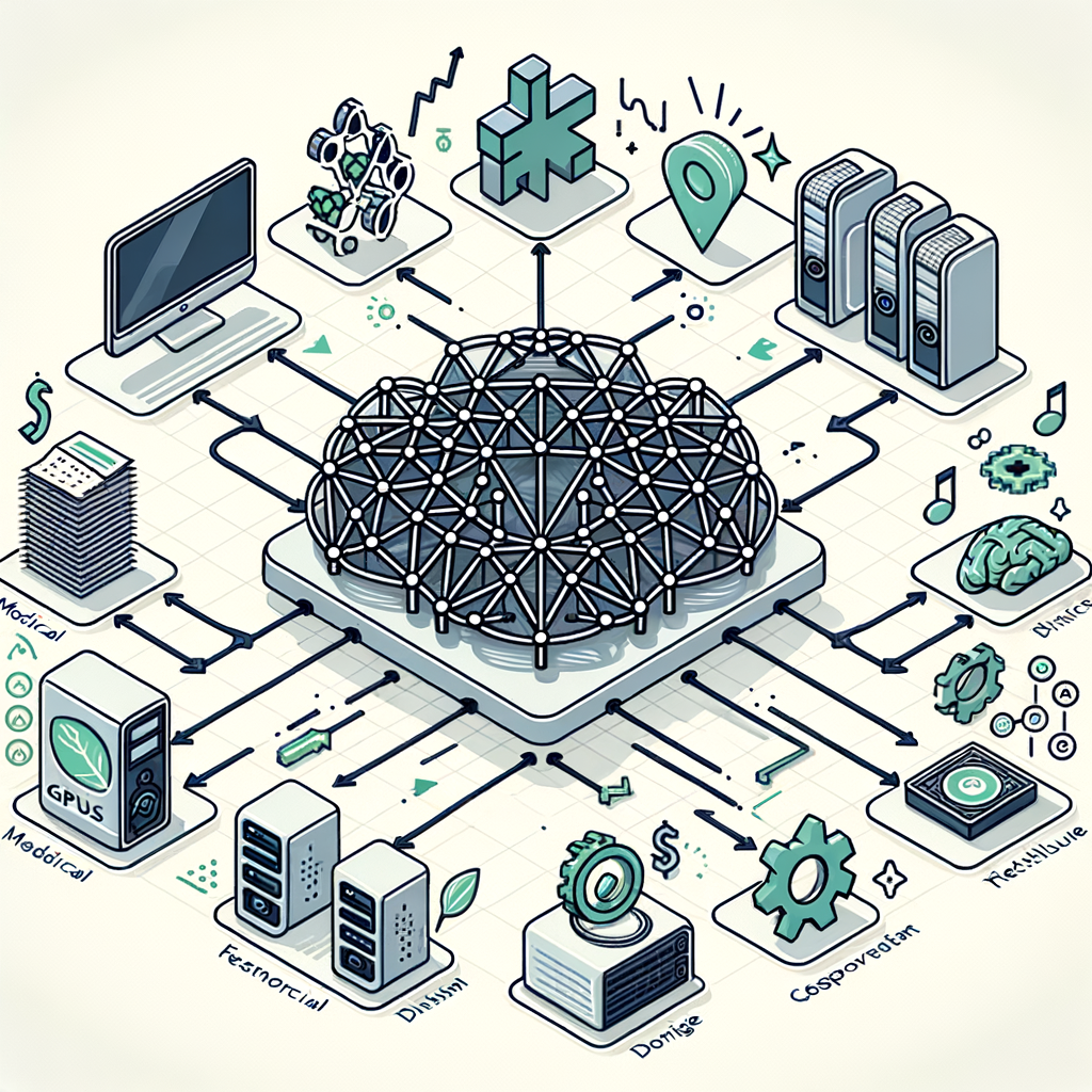 Create a neat, corporate-style vector illustration in flat 2D linear perspective against a plain and untextured white background. The centerpiece of the image is a complex neural network, symbolizing a large language model (LLM). Around this, place icons denoting medical, financial, and technological sectors. These indicate various domain-specific data to which the model may be adapted. Nearby, include illustrations of computers and GPUs, demonstrating the high computational resource usage. Arrows that symbolize the process of fine-tuning and continuous pre-training should be moving from the domain data icons towards the LLM. Lastly, include performance graphics that indicate the improved capabilities of the model after undergoing domain adaptation.