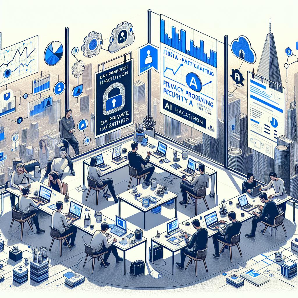 Create a corporative and flat vector 2D image on a white and textureless background, illustrating a scene from the first Privacy-Preserving AI Hackathon held in Paris in September 2024. It was organized by three companies: Zama, Entrepreneur First, and Hugging Face. The image should effectively capture an atmosphere of collaboration and creativity amongst 50 participants, who were among the 200 candidates. The participants should be depicted as being deeply engaged in data privacy and security-focused AI projects. Elements of the scene include modern laptops signifying the use of cutting-edge technology, as well as charts and notes which represent the creative process. Furthermore, depict the interaction between the participants to symbolize collaboration, all set within a modern office environment, symbolizing innovation.