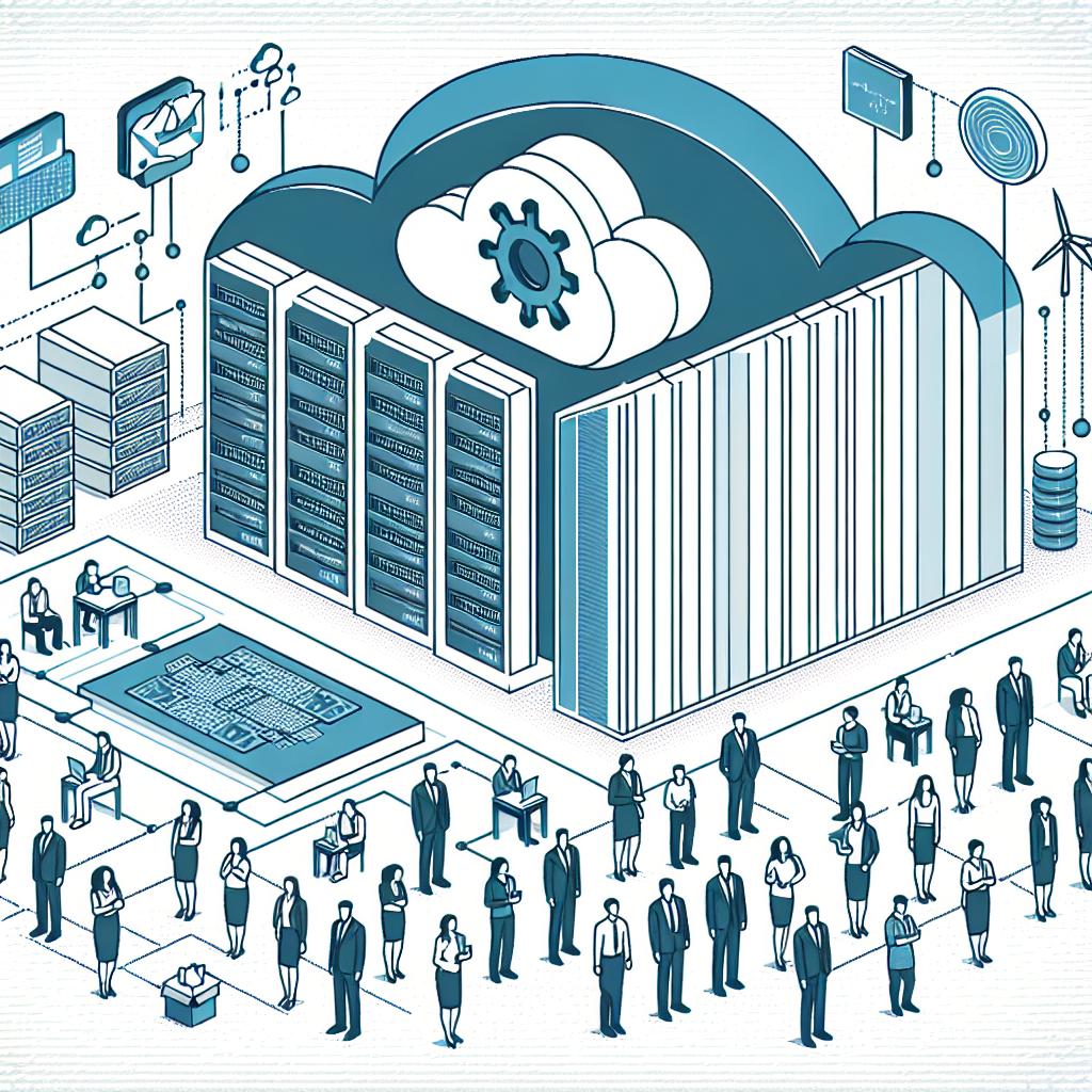 Create a 2D, linear representation of a corporate tech scene in vectorial, flat style. The image should contain illustrations of a data center, indicating the technological infrastructure, and people of various descents and genders in a training scenario, symbolizing the development of professionals. In the foreground, incorporate symbol that is associated with cloud computing and artificial intelligence but ensure it is not a direct reference to any specific real-world tech company. Do not use any company logos. All this should be set against a clean, untextured, white background.