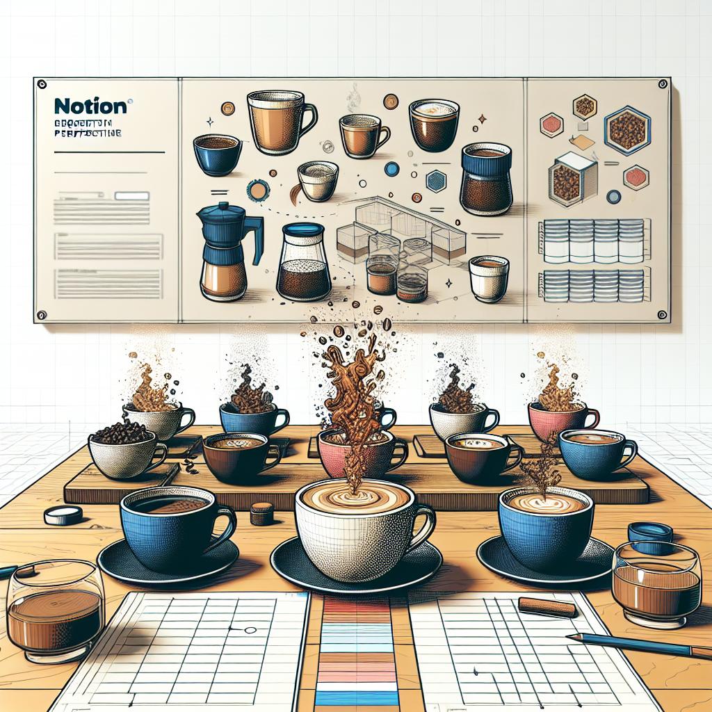 Create a 2D, linear perspective image in a corporate, flat, vector style. The image background is white and textureless. The main focus is a table filled with various types of coffee cups, each representing a different flavor. Visible on the background, there are Notion templates reinforcing their usefulness. The overall atmosphere is cozy and inspiring, illustrating the coffee tasting experience. This image is designed to celebrate National Coffee Day on September 30th and to showcase Notion's love for coffee culture.
