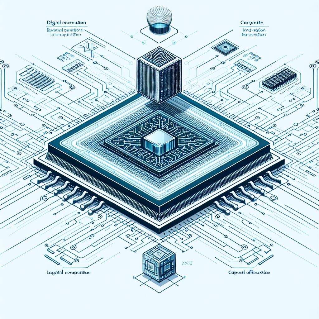 Visualize an image of a future (year 2025) computation chip, a symbol of reversible computing that aims to cut down on energy consumption. The futuristic chip is intricately intertwined with a resonator to symbolize energy efficiency and innovation in the field of reversible computing. The design is in a 2D linear perspective, set against a clean, white, featureless background. The style of the illustration is flat and corporate, demarcating the transition of this technology from academia to the market. Additional elements include logical circuits that underline technological innovation, and digital circuit lines symbolizing efficiently flowing information. A shade of blue, representative of advanced technology, is used in the backdrop of the chip.