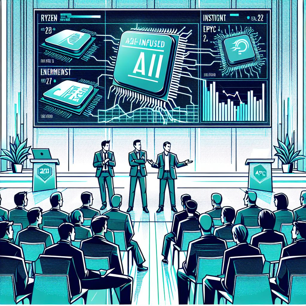 In a flat, vector-like, corporate style image, capture a scene from an AI technology event in San Francisco. The executives from a major computer hardware company are presenting their new AI-infused Ryzen, Instinct and Epyc chips, which are heralded as revolutionary advancements in AI computing. The scene unfolds in a brightly-lit, sleek modern space that communicates innovation. The company's logo is present, signifying their influence on the technology sector. There's a presentation screen displaying performance graphs to showcase the enhanced capabilities of these chips. An engrossed audience is present, indicating the event's significance. Use brilliant shades of blue and green to symbolize innovation and technology. The image is 2D, linear with a textured white backdrop.