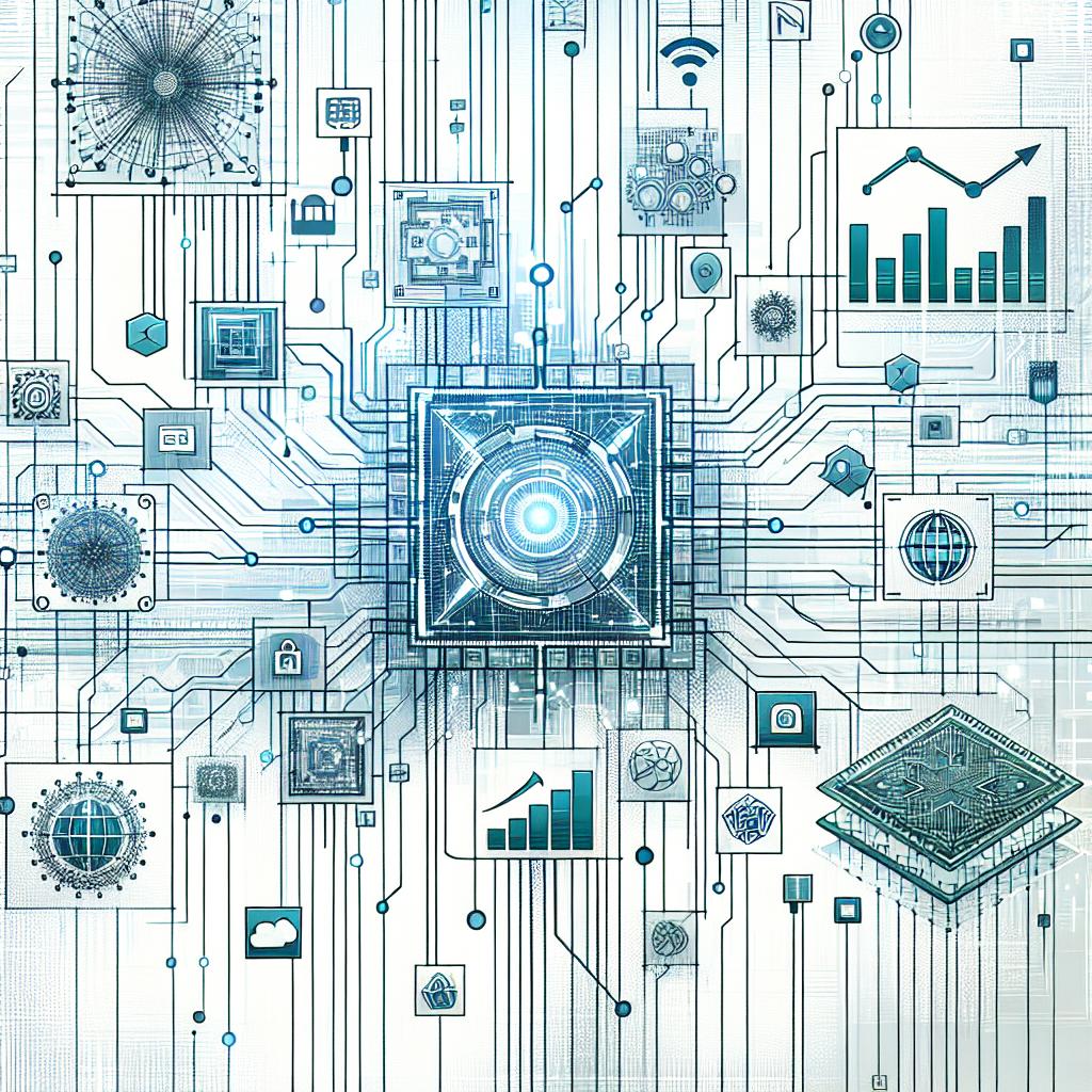Depict a two-dimensional, linear perspective image with a white, textureless background. The style of the image should be vector-based, flat, and corporate. The main theme of the image is the integration of artificial intelligence with real-time data. Show this by creating a futuristic environment filled with digital circuits, symbols of interconnectivity, and blockchain icons, signifying security and ethical data sharing. Include growth charts, hinting at the market potential and development of AI. Use a color palette that combines shades of blue and green, representing trust and technology.