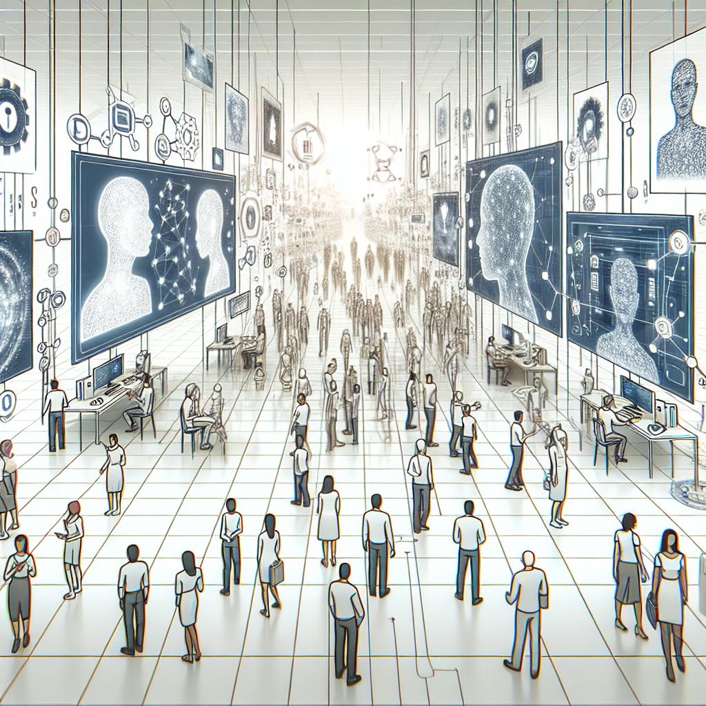 Visualize a 2D, linear perspective illustration in a flat, corporate vector style. Our image has a white, textureless background and portrays interactions between humans and digital avatars within a virtual environment. These avatars symbolize the new way of online interaction. The environment itself represents the evolution of digital space, brought upon by AI and Web 3.0 technologies. The scene is filled with futuristic technologies that emphasize the promise of innovation in the next few years. Still, as this is a representation of humanity's digital future, diversity is significant, so depict the humans as belonging to various races and genders.