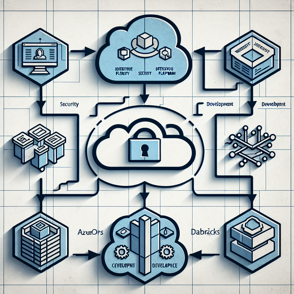 Visualize a 2D, vector art style depiction, encompassing a corporate theme with a linear perspective. Set against a plain, textureless white background, the illustration emphasizes the integration of three different technology platforms - symbolized by their respective icons. To start, an icon highlighting identity and security to represent Microsoft Entra ID. Next, an icon symbolizing the development platform, meant to represent Azure DevOps. Finally, an icon that embodies data analysis, standing for Databricks. Imagine these icons interconnected by arrows, denoting the seamless integration between these platforms. Lastly, a padlock is present to imply data security within this CI/CD workflow.
