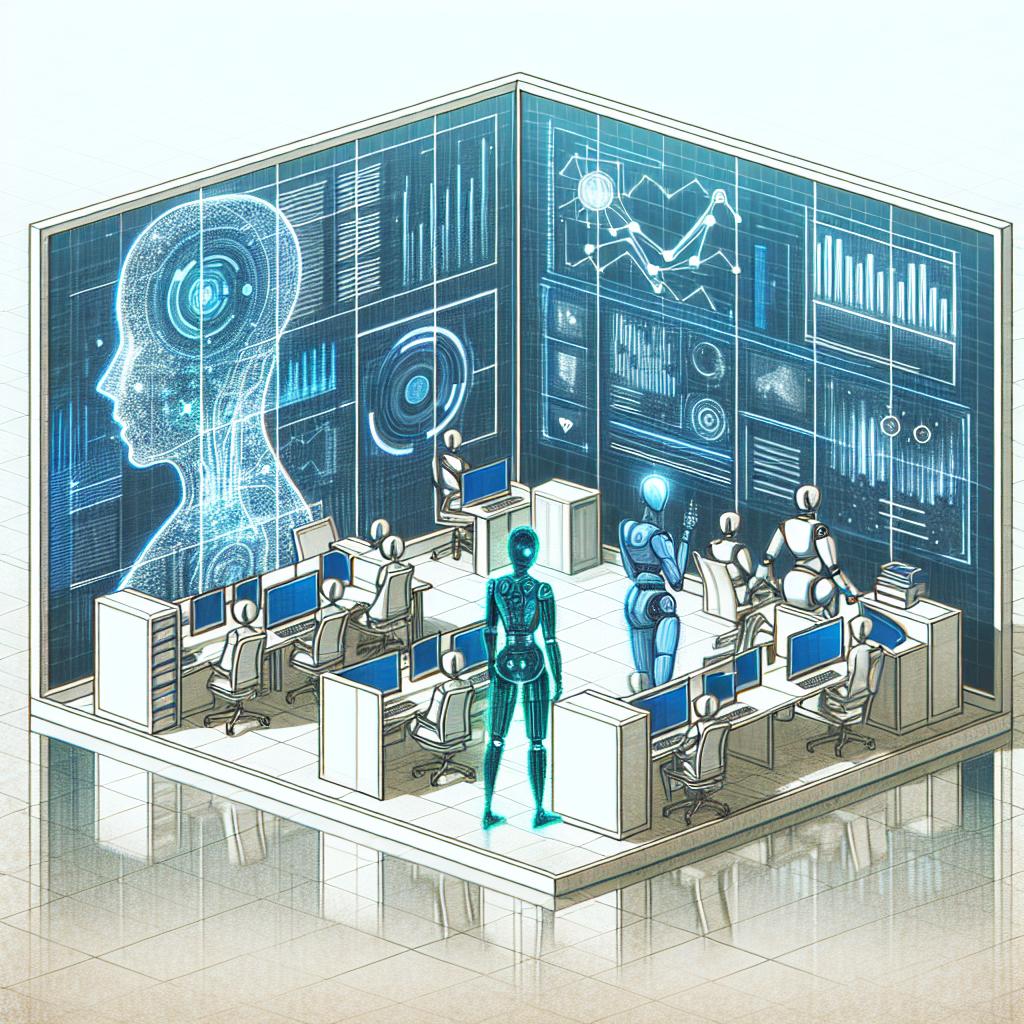 Imagine a 2D linear perspective illustration in a corporate, flat style atop a textureless white background. Envision futuristic artificial intelligence agents, symbolized as modern robots, within a modern office environment. Watch as these AI robots interact with external systems and data for decision making, suggesting their autonomous roles within businesses to enhance efficiency and innovation. The real-time analysis of information is represented by graphs and data, seamlessly displayed around the office space. Cool colors, such as shades of blue and green, are utilized throughout the image to convey a sense of technology and innovation.