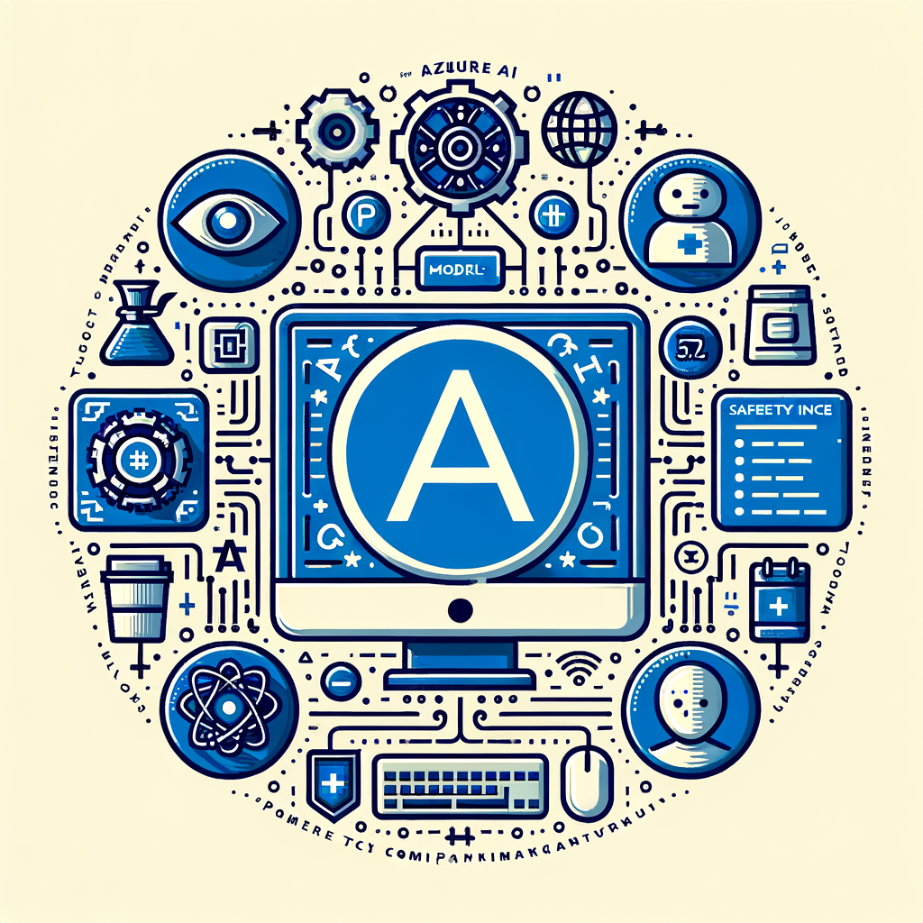 An image in a vector, flat, and corporate style on a textureless white background. At the center, the Azure AI logo represents Microsoft's AI platform. Circled around it are icons depicting new AI models: GPT-4o, Phi-3.5, and Llama 3.2. Safety icons represent the new safety features provided by Azure AI. Also included are the stylized representations of partner company logos, substituted with generic tech company logos to avoid copyright infringement. Lastly, there's a computer in the background, with lines of code appearing on its screen to represent model fine-tuning and customization.