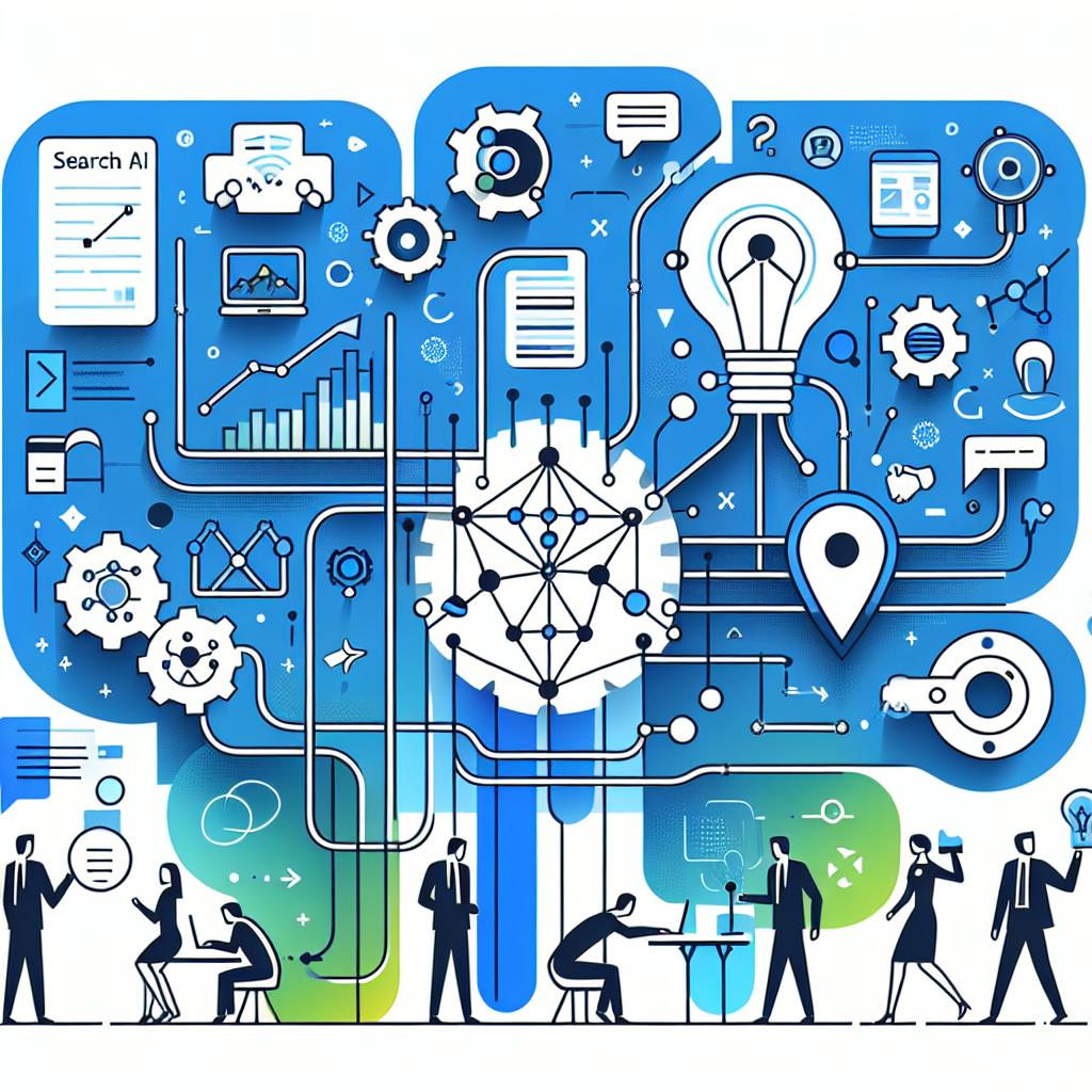 Create a dynamic, flat-styled, corporate vectored illustration on a plain white background depicting the integration of the Serper Search API with the KaibanJS multi-agent system framework. The graphic should ideally consist of elements like artificial intelligence diagrams, data flow visualization and symbols for collaboration between agents filled in with the colors blue and green to exude innovation. The design layout should portray artificial intelligence in action, the collection and processing of information and emphasize teamwork among agents. The perspective of the depiction should be 2D and in a linear manner.