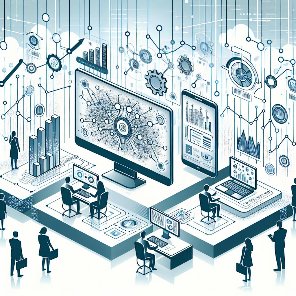 Illustrate a digital transformation in business management, incorporating elements of AI and dynamic interactions between customers and companies. The setting is styled in a corporate, flat, and vectorial fashion, set against a clean, white and textureless background. It's depicted in a 2D, linear perspective. The scene contains computers, symbolizing technology and automation in management. There are visualizations of data connections, to illustrate the exchange and accessibility of information. Include ascending growth charts to emphasize the rise of AI usage in the market. Add representations of people of different descents and genders, to illustrate human-machine interaction.