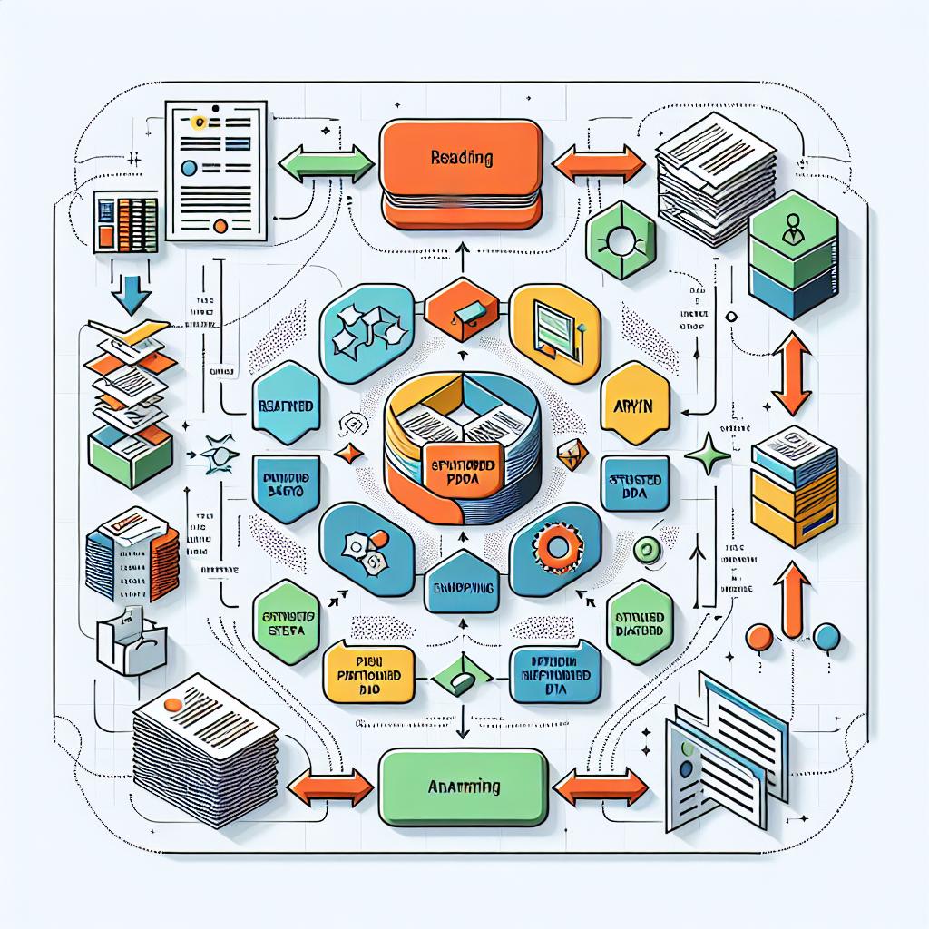 Generate a 2D, flat, corporate-style vector image depicting the process of transforming unstructured PDF documents into structured data with the integration of Aryn and Weaviate. The image has a clean, white, textureless background. The central element is a flowchart that illustrates the step-by-step process, including tasks like reading, partitioning, enriching, and loading the data. There are recognisable symbols representing a PDF document, structured data, and Weaviate. The colors used contrast with each other to highlight each step of the process. Please avoid use of text within the image.