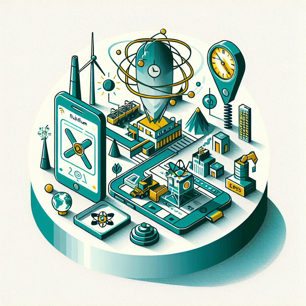 This image uses a flat, 2D, vector style with a corporate feel. It seeks to illustrate the future potential of rubidium in the high-technology industry by depicting several symbolic elements. The image is arranged against a plain, texture-less white background. On the left side of the image is a GPS device, representing the use of rubidium in precision technology. Towards the center, an atomic clock represents rubidium's importance in timekeeping. Finally, on the right, a sustainable mining scene shows how rubidium is extracted. The overall color theme of the image is green and blue hues, symbolizing sustainability and technology respectively.