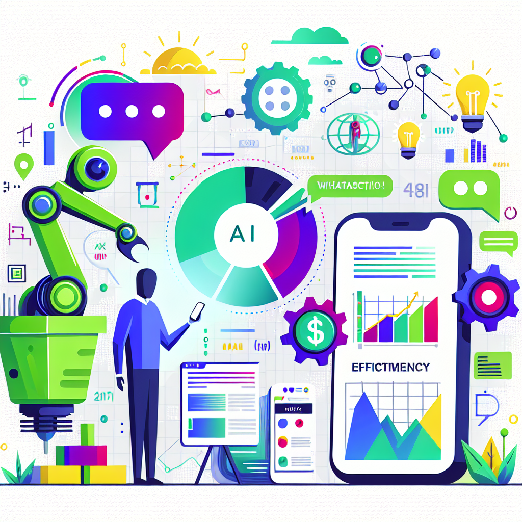 Create a 2D, linear, vector style, corporate image with a flat, textureless, white background. It should be an illustration of a virtual assistant interacting with a user through WhatsApp, efficiency graphs and quotes floating around them. In the background, incorporate construction and commerce elements to symbolize the industry serviced by Tradestack. The virtual assistant represents the AI technology in action. Efficiency graphs symbolize the improvement in processes. Construction elements highlight the target sector of Tradestack. Use vibrant colors to convey innovation and modernity. Include WhatsApp's interface to stress the accessibility of the solution.