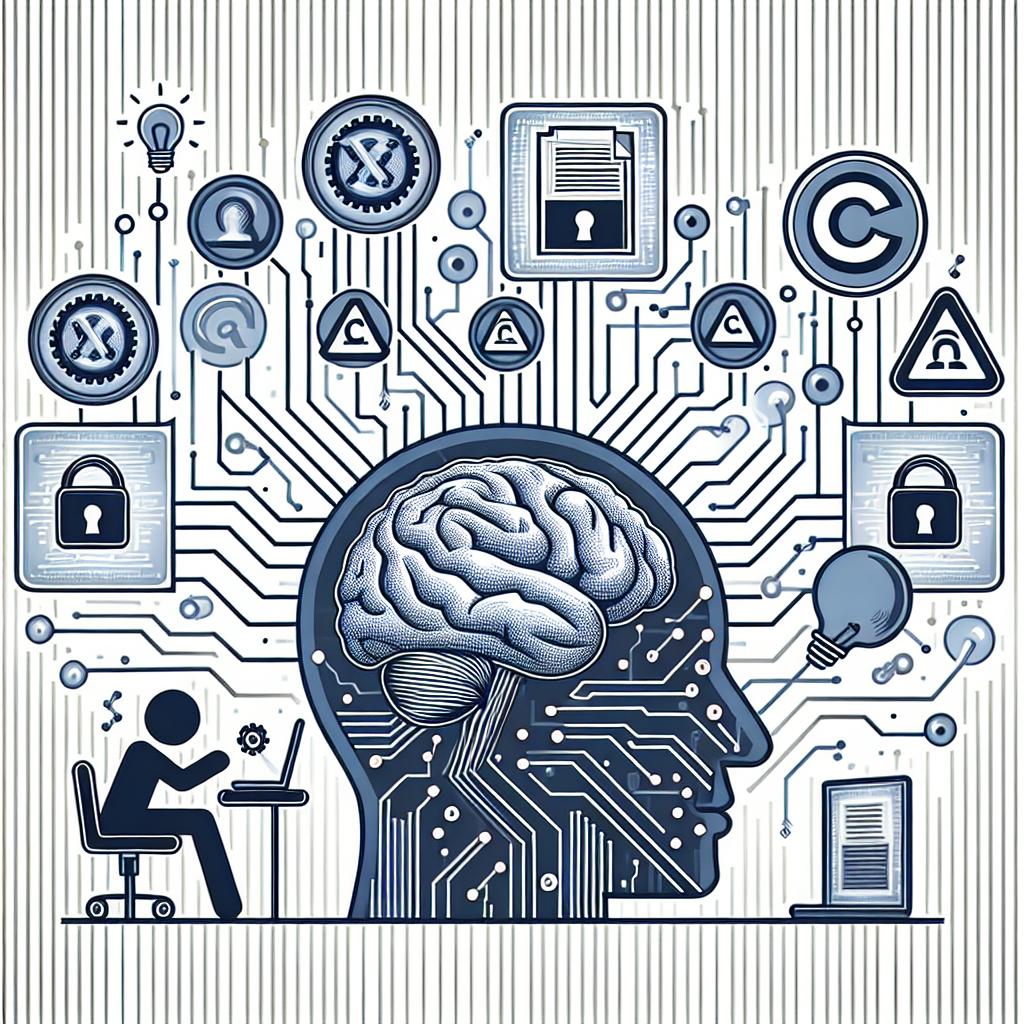 Create a vector, flat, and corporate styled image on a white and textureless background. The image should illustrate the interaction between technology and copyright. Use 2D, linear perspective. Incorporate a digital brain, representing artificial intelligence. Then, include symbols of copyright which illustrate the battle between innovation and protection. In the background, use an electronic circuit pattern to symbolize technology.