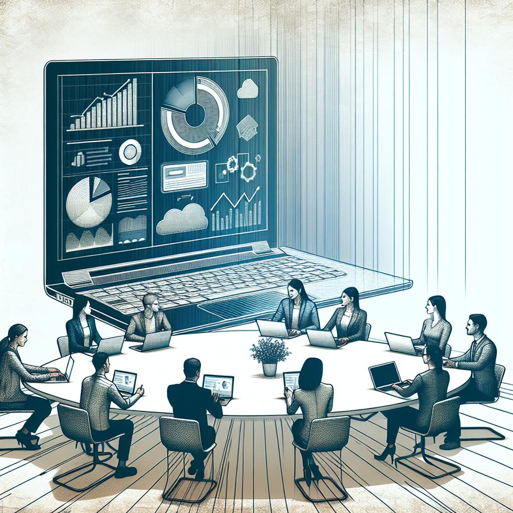 Imagine a modern office environment set against a white, textureless background, shown from a 2D, linear perspective. At the center is an up-to-date computer display proudly demonstrating the interface of the NotebookLM Business—a symbol of this new tool. Surrounding a table embedded with laptops and tablets is a diverse group of professionals indicating the union of different areas—there's an Asian woman, a Black man, a Caucasian man, and a Hispanic woman, each engaged in fruitful discussions and collaborative work. They are all enclosed in an ambiance warmed by a stream of natural light, thereby creating a cozy and productive workspace. This scenario is depicted in a vectorial, flat, and corporate style.