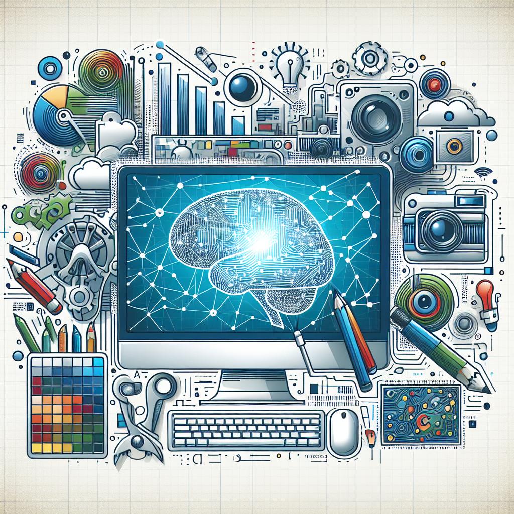 Let's create an image encapsulating the revolution of artificial intelligence (AI) in marketing. The design would be in 2D, linear perspective with a flat, corporate-style vector representation on a white, untextured background. It should depict the fusion of technology and creativity. The key visual elements should include a modern computer, symbolizing cutting-edge technology used in image generation, and a digital brain, representing AI's intelligence and learning capability. Creative graphics would illuminate the innovation in visual marketing. The use of bright, vibrant colors would convey the energy and dynamism of digital marketing.