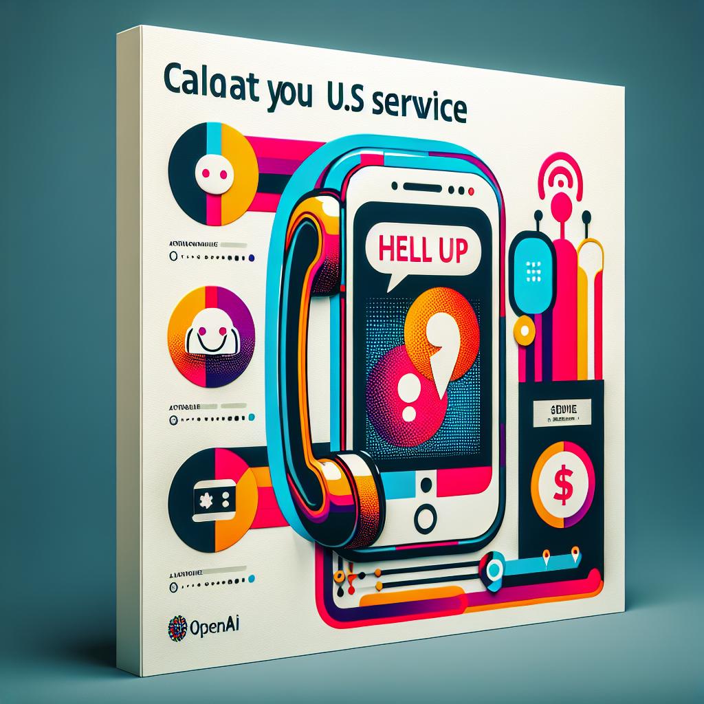 Create a 2D, linear perspective image depicting the innovative service launched by OpenAI that allows U.S users to interact with ChatGPT through a hotline. The image should be flat and corporate in nature, with a white, texture-less background. The primary elements include a telephone symbolizing the service's accessibility, a vibrantly coloured backdrop to grab the viewer's attention, communication icons to represent the conversation with the artificial intelligence, the OpenAI logo for brand emphasis, and a call-to-action text explaining the novelty of the service.