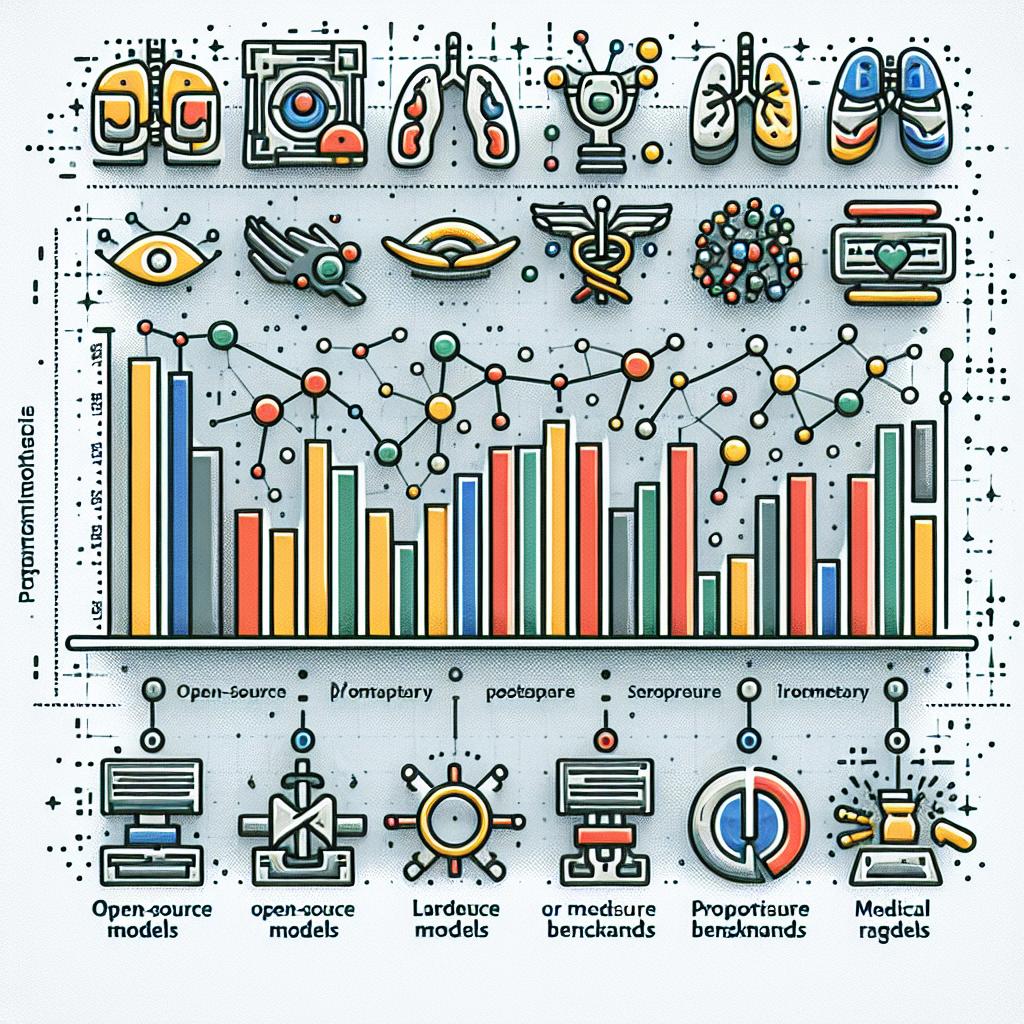 Create a 2D, corporate-style, vector and flat illustration on a textureless white background. The main element is a bar chart that clearly displays performance differences between proprietary and open-source large language models (LLMs) on medical benchmarks. Include distinct visual identifications of the models being compared, probably represented as logos or symbols. Use distinct colors to differentiate between open-source and proprietary models. Incorporate design elements that communicate the rapid evolution and competition in the sector.