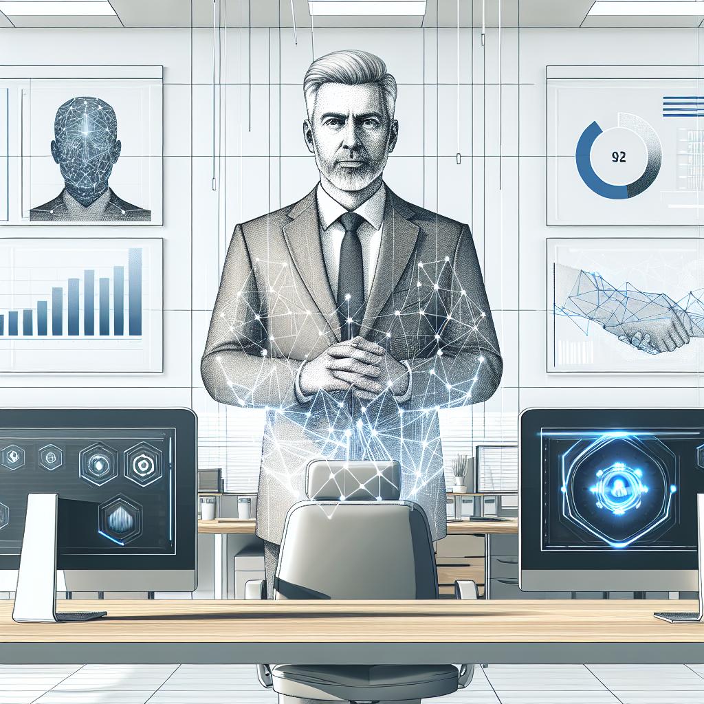 A representation of an unnamed, middle-aged, white male CEO in his office. He is surrounded by screens displaying performance charts and an AI interface, symbolising innovation and the work at a tech startup company. This scene takes place in a modern corporate environment, reflecting the innovation and dynamism of the technology sector. The image is in a flat, corporate, and vectorial style on a white and textureless background. The perspective is 2D and linear. Additional elements include screens, which represent the evolving AI technology, and charts, that show the company's performance and future growth.