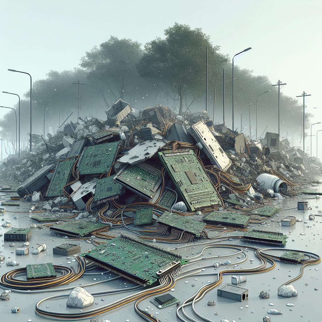 Generate an image that portrays electronic waste, such as circuit boards, in an environment that illustrates the environmental impact of e-waste. The scene should be somber, reflecting the gravity of the situation. The image must follow a 2D, linear perspective, be vectorial and corporate-style, and possess a clean, white, and textureless background. Additional elements in the image should include polluted environment aspects, illustrating the consequences of improper disposal. There should be elements representing nature to show the contrast between technology and the environment.