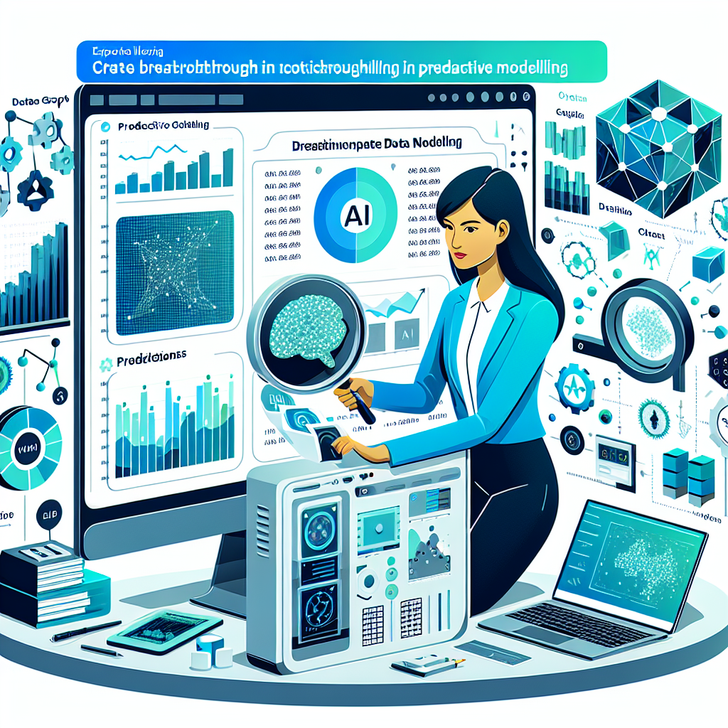 Create a vector-style, flat, corporate 2D illustration on a white background, visualizing the breakthrough in predictive modelling by Kumo AI in partnership with Databricks. Show a South Asian female data scientist interactively engaging with data graphs and AI algorithms, symbolizing the integration of Kumo AI and Databricks. Behind her is a screen displaying complex data visualizations and real-time predictions. Extra elements such as data graphs represent large volume data analysis, and the screen's predictions highlight the ability to generate real-time insights. Use shades of blue and green to represent technology and innovation, and incorporate 3D graphical elements to give a sense of depth and modernity.